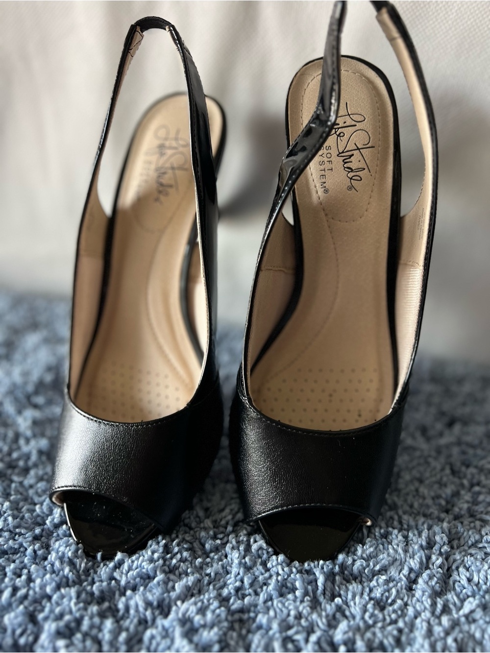 LifeStride stem Black Peep-Toe Slingback Heels with Patent Toe Cap